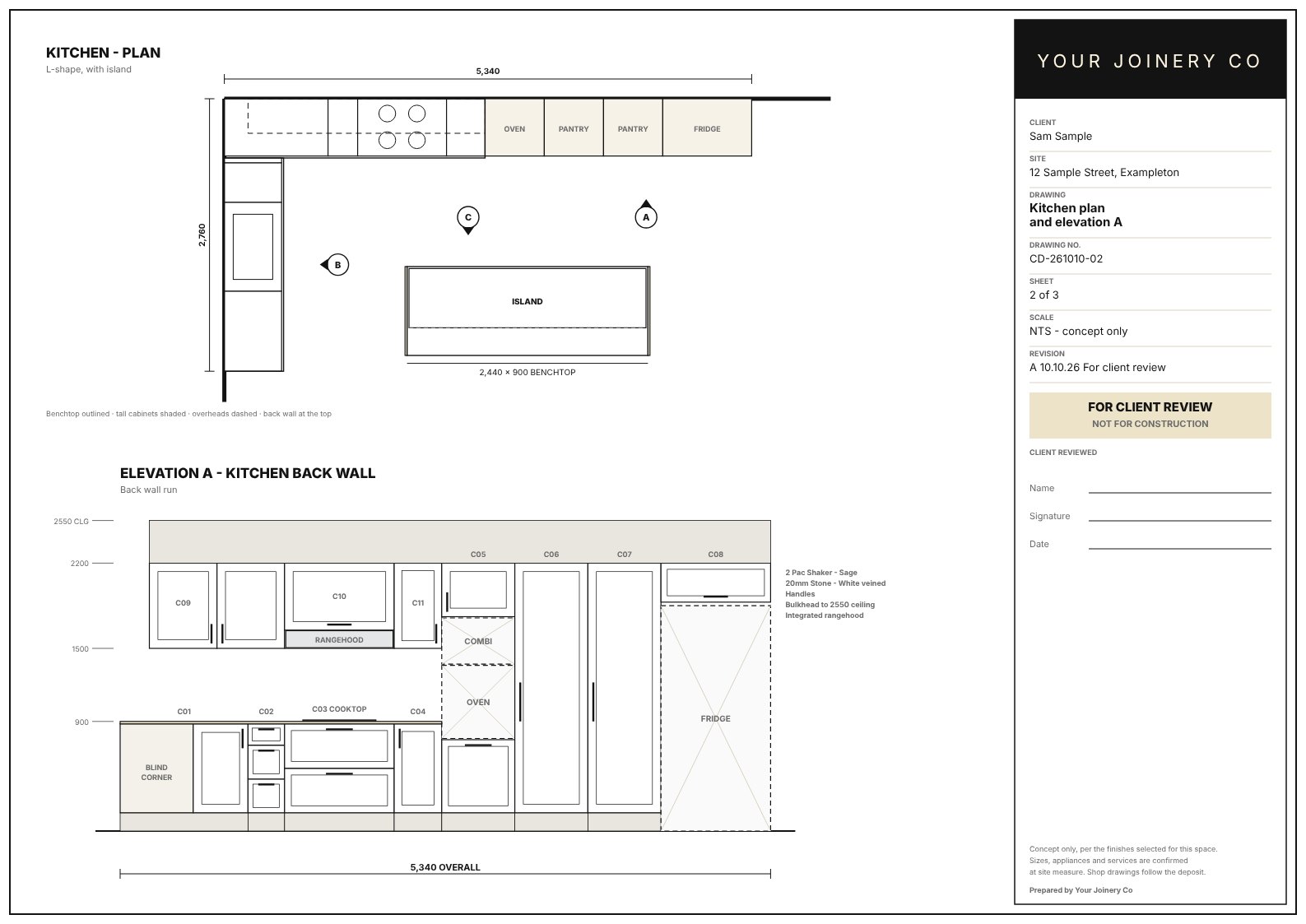 Concept drawing sheet: kitchen plan and back wall elevation with title block
