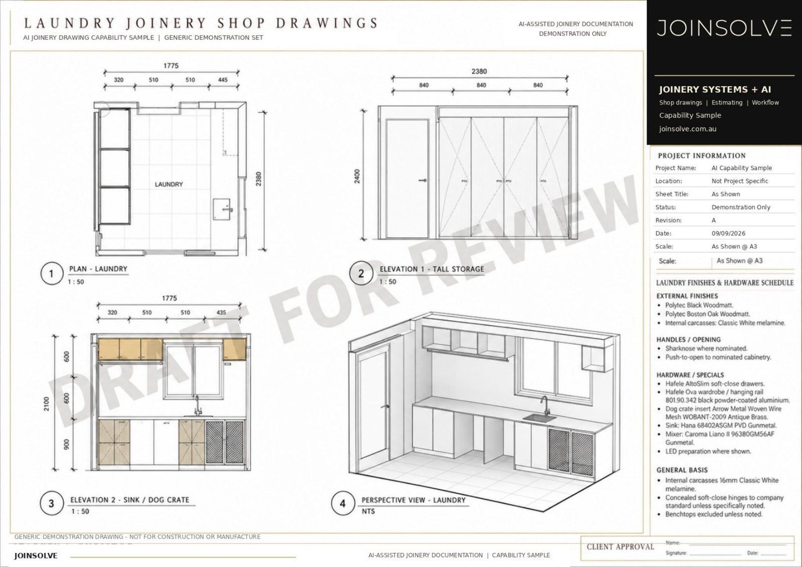 AI-assisted laundry shop drawing sheet with plan, elevations, perspective and finishes schedule